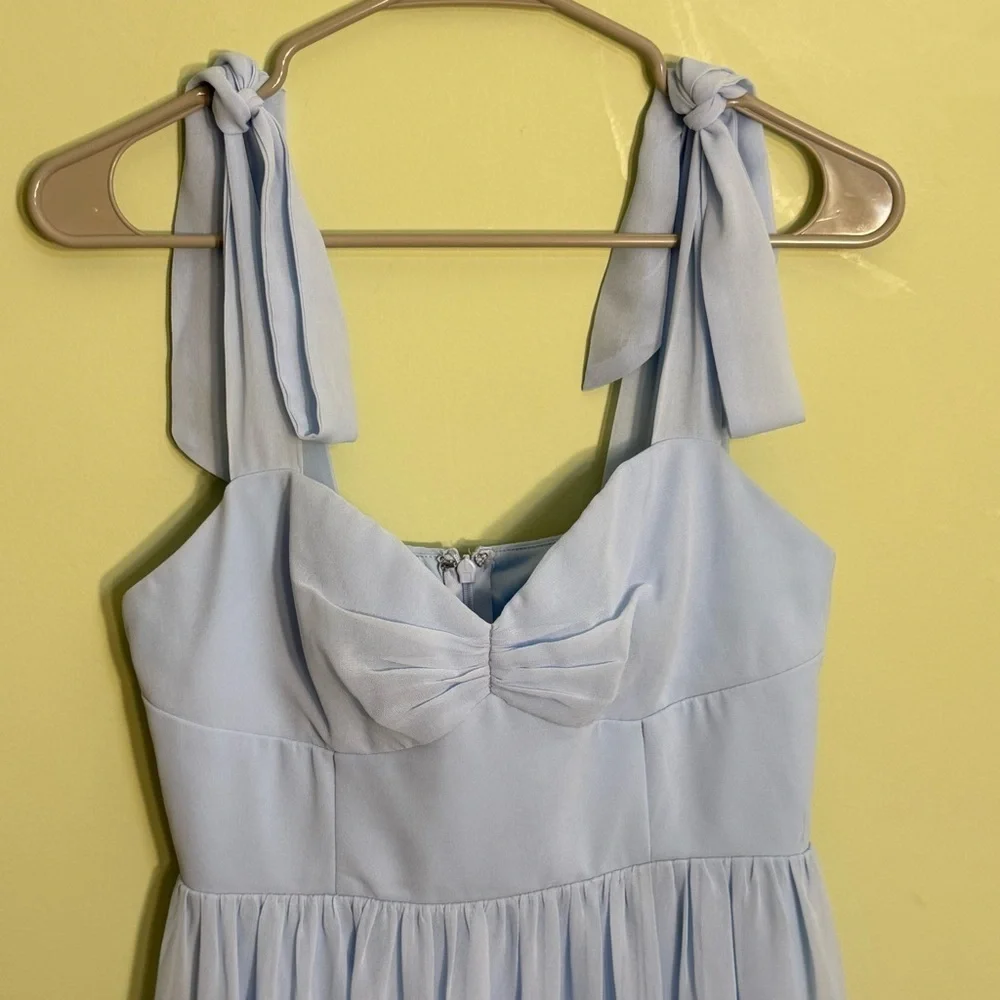 Lulus full length dress light blue size S sleeveless slit straps bows formal